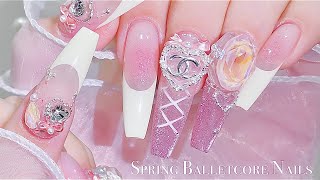 sub) Ballet Core Nails for Spring/Korean Nails / Extension Nails / Nail Art / SelfNails / ASMR