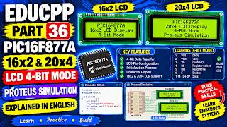 EDUCPP Part 36 PIC16F877A 16x2 & 20x4 LCD 4 Bit Mode Proteus Simulation Explained in English