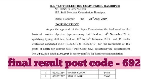 HPSSC Final result for the post of Clerk (Post code-692) Date: 23 Jul 2019