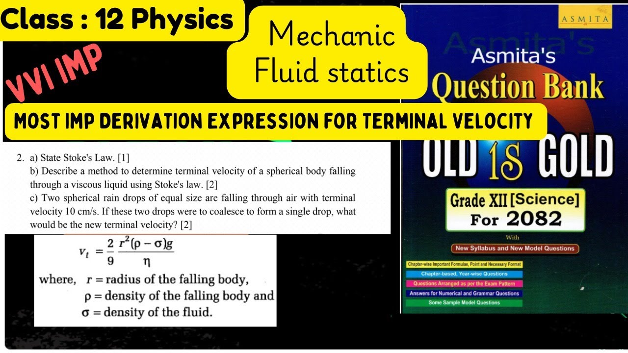 Class 12 Physics Fluid Statics Derivation for Terminal Velocity most ...