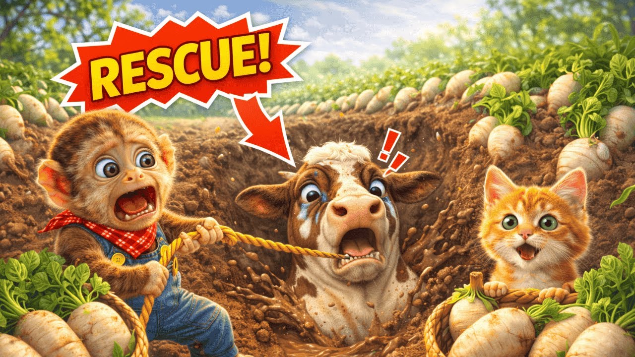 СПАСЕНИЕ! Маленький обезьянка Бон Бон спасает корову, застрявшую в грязевой яме на ферме 🐄🚜🐒 | Ми...