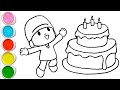 Cute Pocoyo With Birthday Cake Drawing, Painting and Coloring For Kids and Toddlers_ Easy Drawing