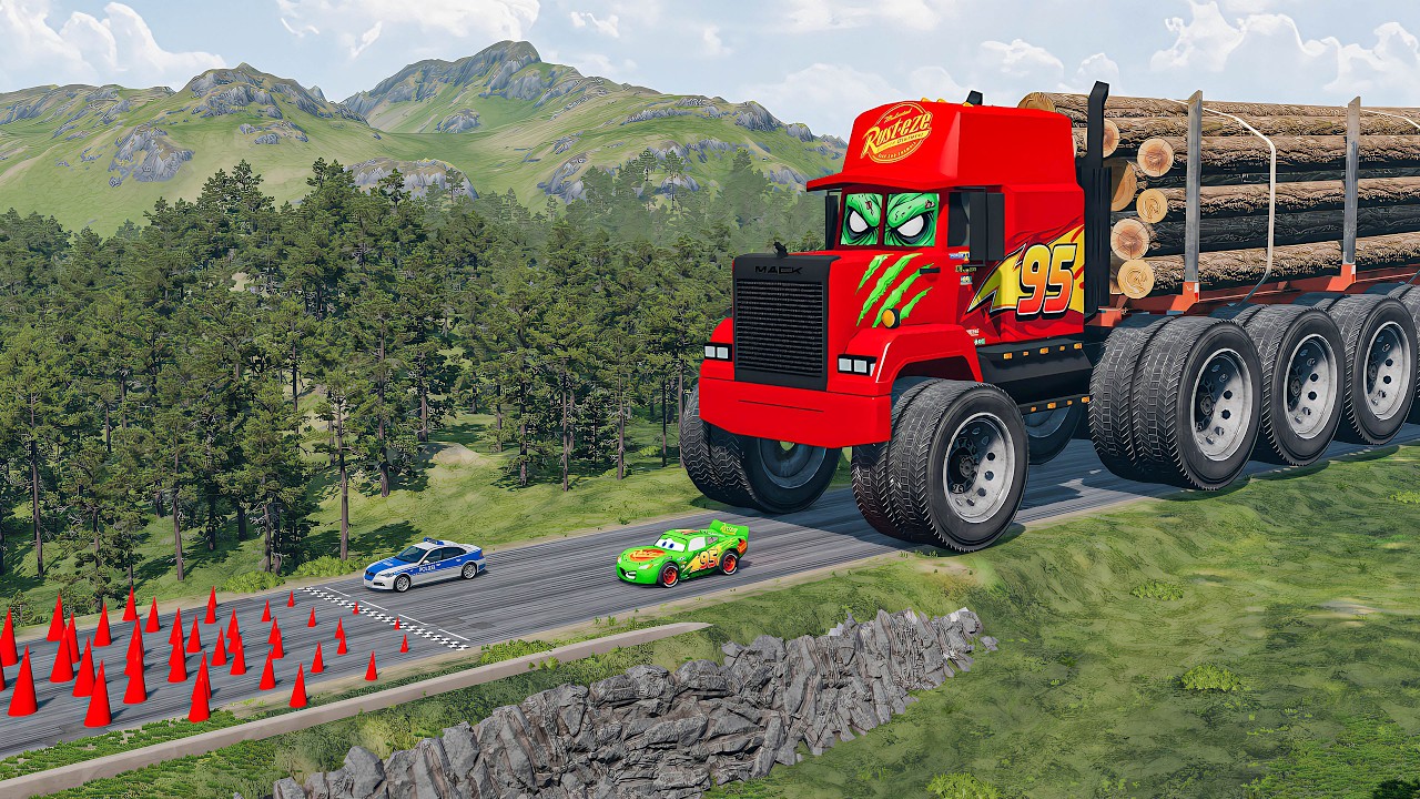 Giant LOGS DUMP MACK TRUCK VS Cars Lightning McQueen & Police Car & Giant Spikes - Beamng.Drive