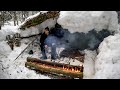 Winter Solo Overnight under Uprooted Tree - Making Snowshoes & Bow saw - Taiga Bonfire Nodya