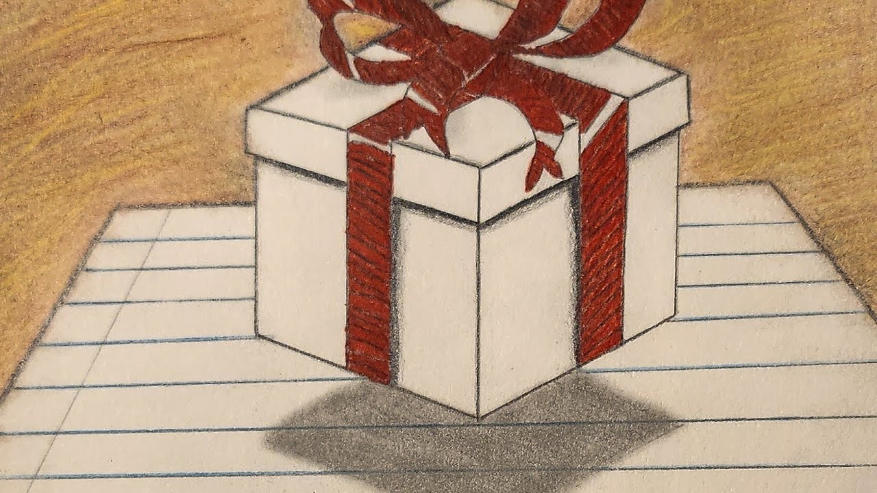 How to Draw a Floating 3D Christmas Gift Box (Lined Paper Trick)