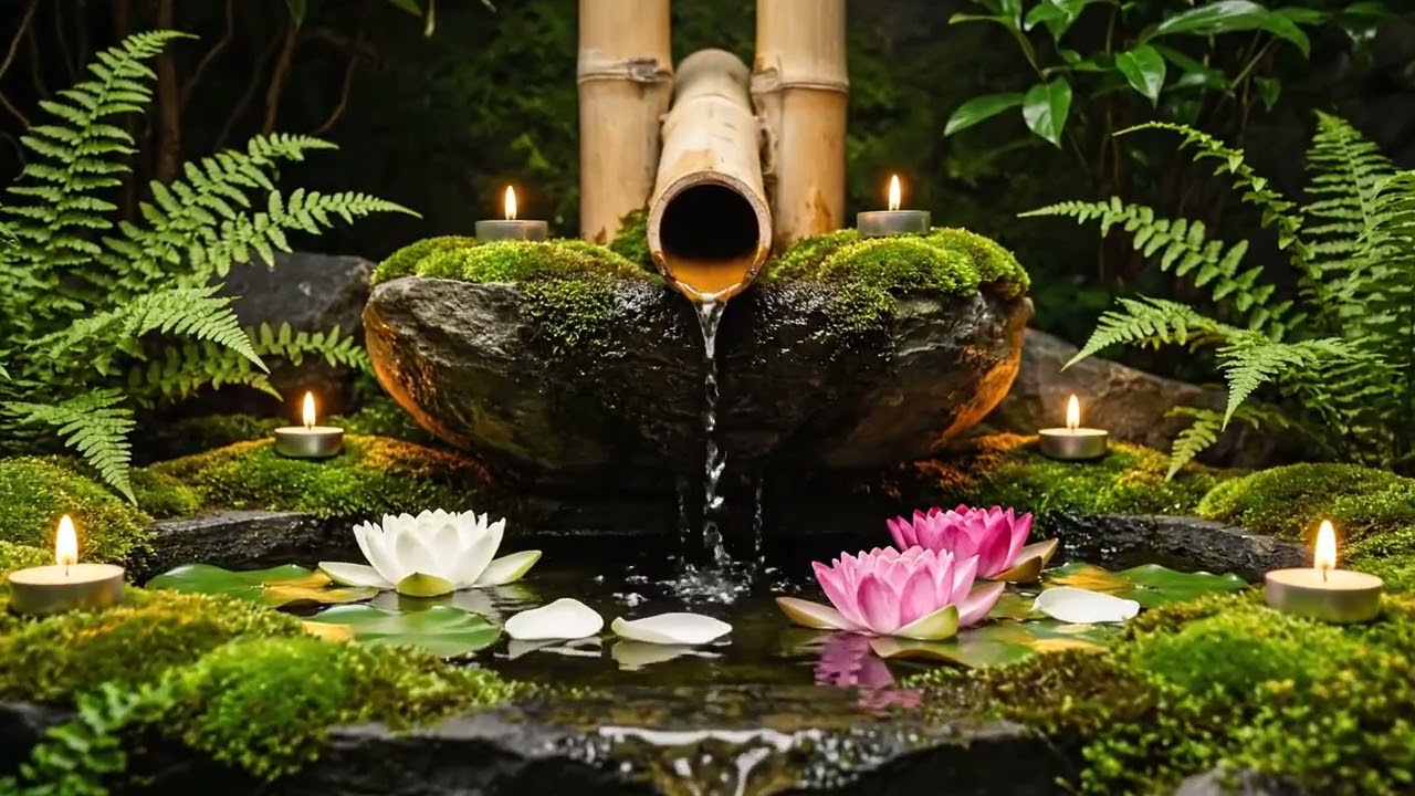 Zen Fire Ambience Bamboo Water Flow and Candle Flames for Relaxation, Stress Relief & Deep Meditatio