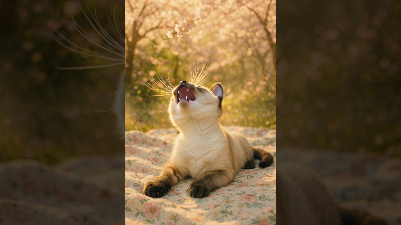 Siamese Kitten Falls Asleep Under Cherry Blossoms