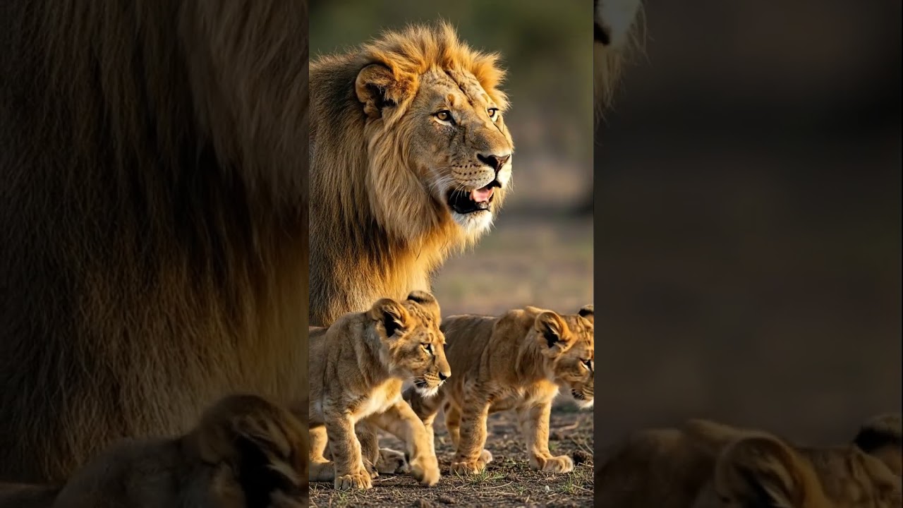 Golden Hour Royalty: A Lion and His Cubs on the Savannah! 