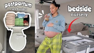 BEDSIDE nursery organization cart tour + POSTPARTUM basket essentials | prepping for newborn