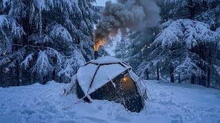 Extreme Hot Tent Camping | Rain, Heavy Snow & Sub-Zero Blizzard Survival ASMR
