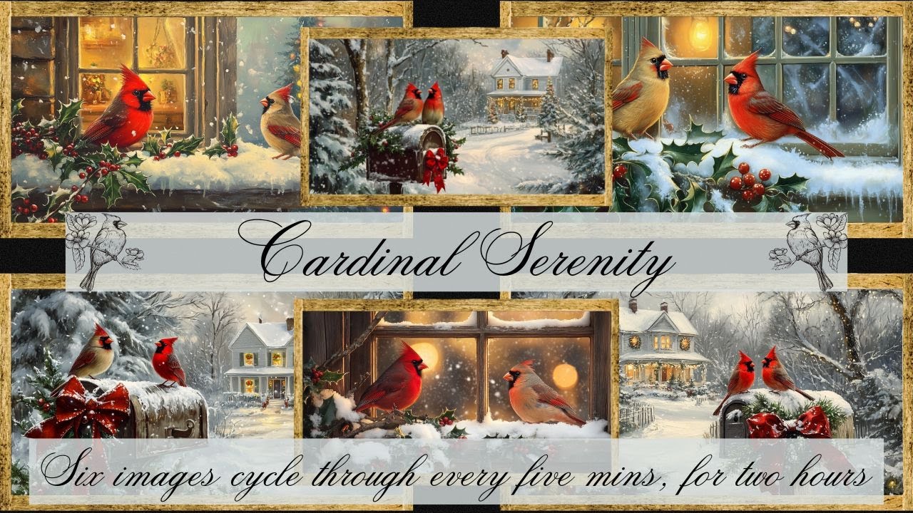 Free Framed TVArt! Cardinal Serenity~Six images~Cardinals in snow at Christmas~No sound no animation