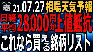 【相場天気予報】今日の日経平均は「ふわり」と上昇し、28000円付近で推移しているものの上値は重い。米市場は上昇トレンドだが、日本市場は下落トレンド。買いは慎重に。推奨銘柄多数。ラジオヤジの相場解説。