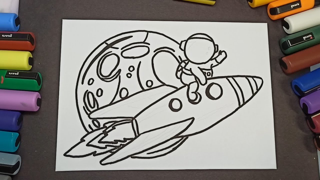 ASTRONAUT WITH ROCKET AND MOON Drawing and Coloring  for kids and children with markers