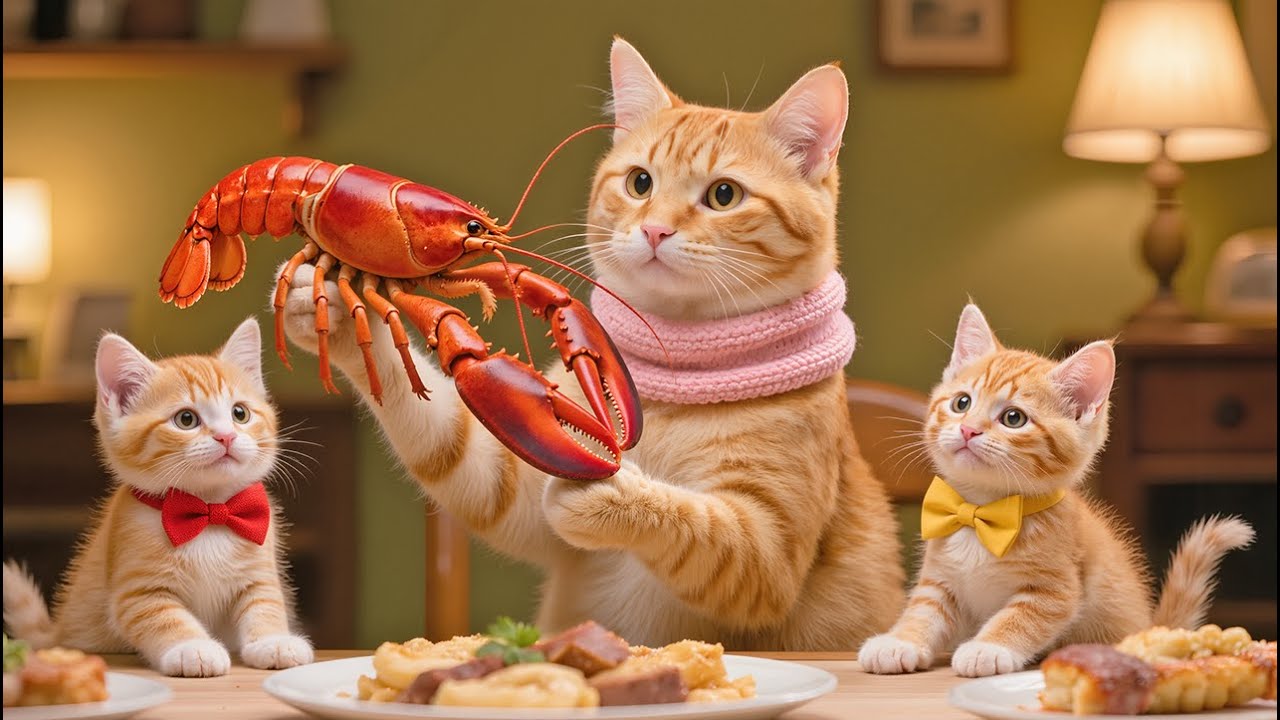 Mama Cat Cooks a Delicious Lobster Meal for Her Kitten and Shares a Cozy Family Moment 🦞🐱🍽️