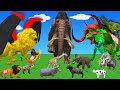 20 mammoths, elephants, and cows vs. lion and wolf zombies; mammoths lead a cow rescue.