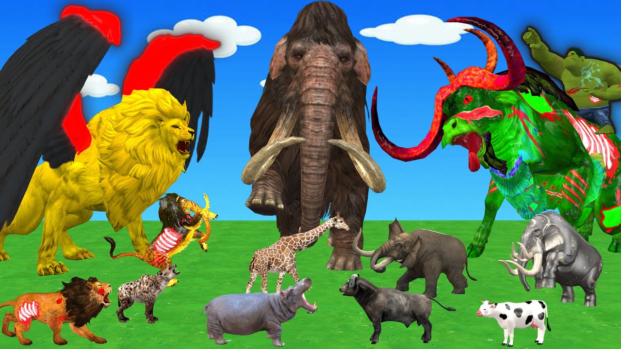 20頭の巨大マンモスゾウとウシ vs ライオン・オオカミが巨大ゾンビ化！ウシアニメの救出劇 ― マンモスが救う！