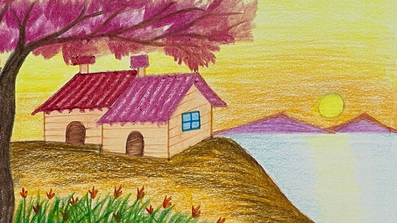 Simple drawing tips for beginners ️house scenery drawing with color
