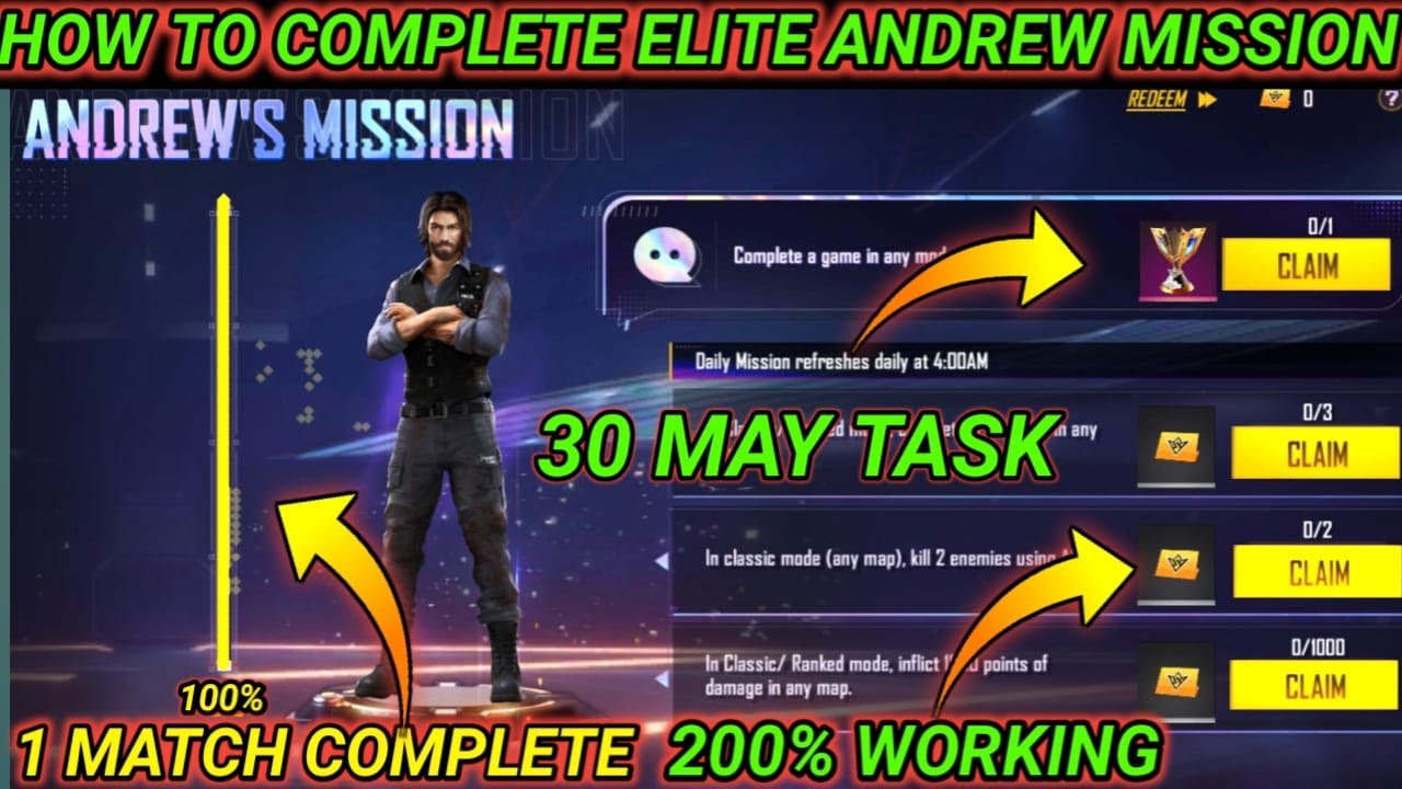 How To Complete 30 May Elite Andrew Mission Full Details |  Free fire elite Andrew Mission Complete