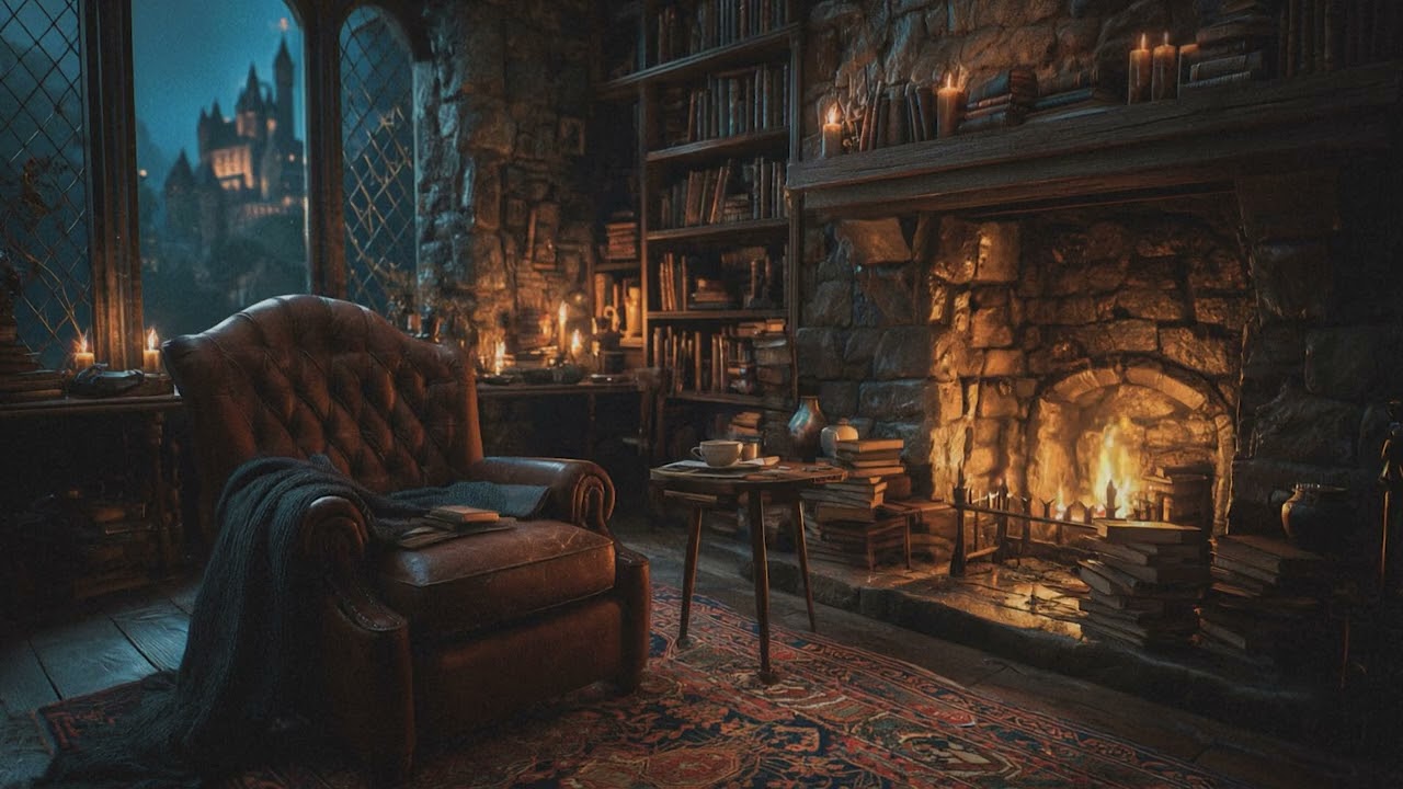 Library Fireplace | Cozy Common Room Music & Ambience 🕯️ Fantasy Medieval Night in Wizard Castle