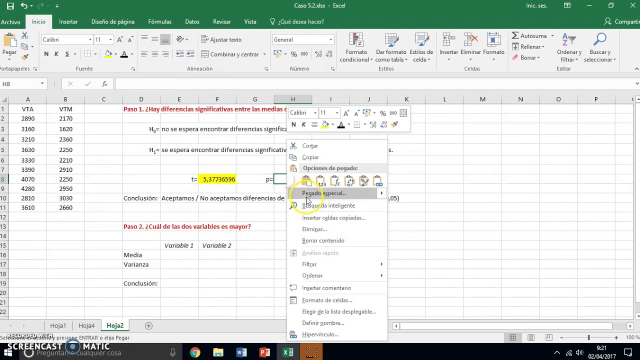 Diferencias de medias entre dos variables (Excel)