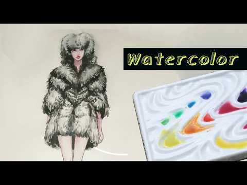 WATERCOLOR--How to draw fur  effect in fashion illustration