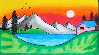 How To Draw Beautiful Sunset Over The Lake Scenery Drawing Lake Scenery Drawing Colorful Drawing
