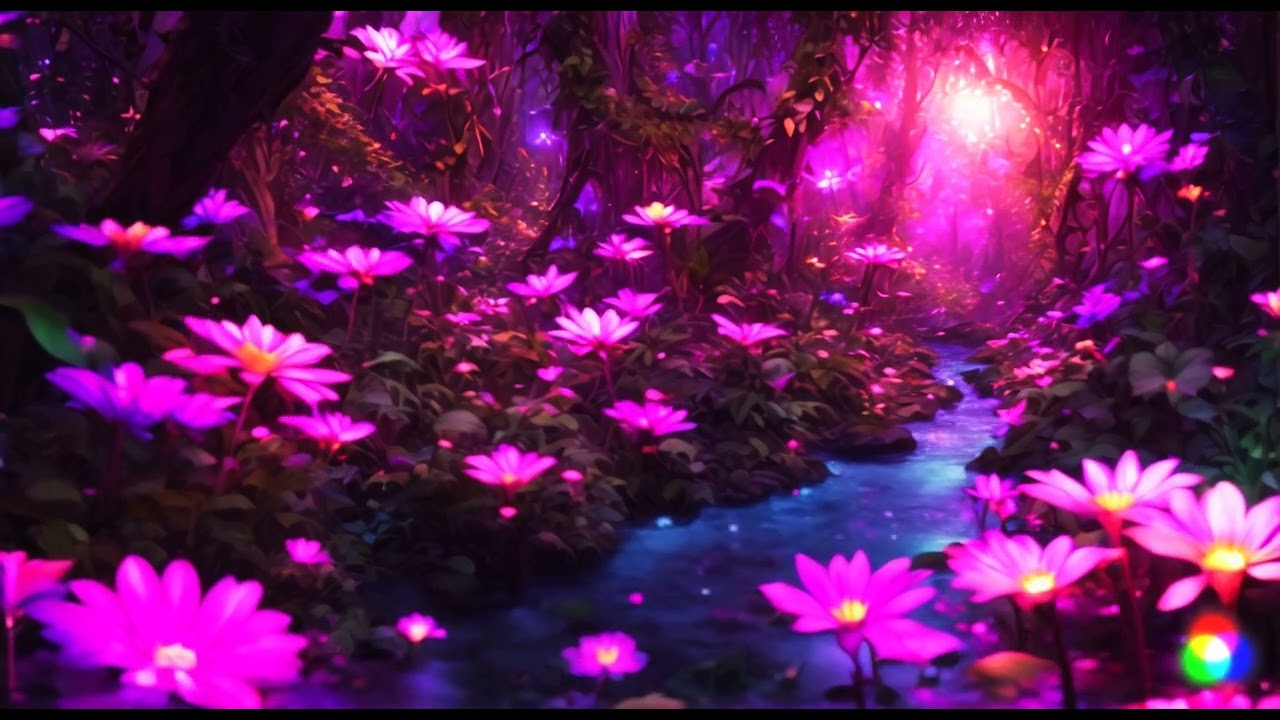 Enchanted forest Purple Flower blooming animation background video - AI