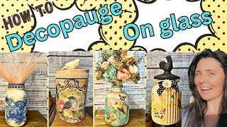 How to paint & decopauge napkins on glass jars ~ tips & tricks to decopauge mason jars with napkins