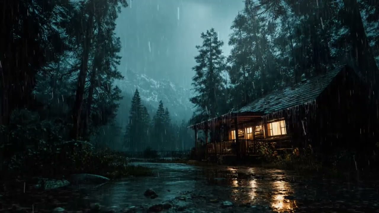 Cozy Cabin Window Thunderstorm | Rain & Waterfall Sounds All Night