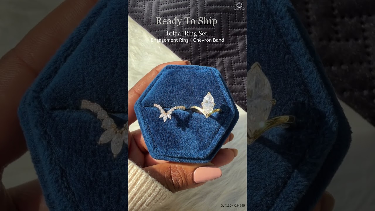 💍 Captivating Bridal Ring Set | Marquise Lab Diamond Engagement Ring + Chevron Band 
