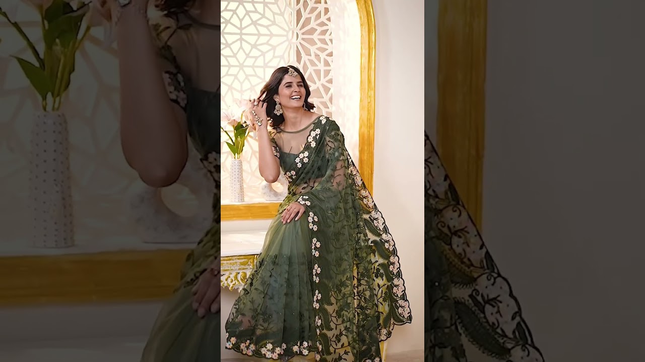 Dark Green Thread Embroidered Saree – Butterfly Net, Party Wear
