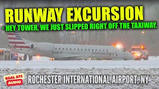 American Eagle E145 SLIDES OFF SNOWY RUNWAY in New York ATC