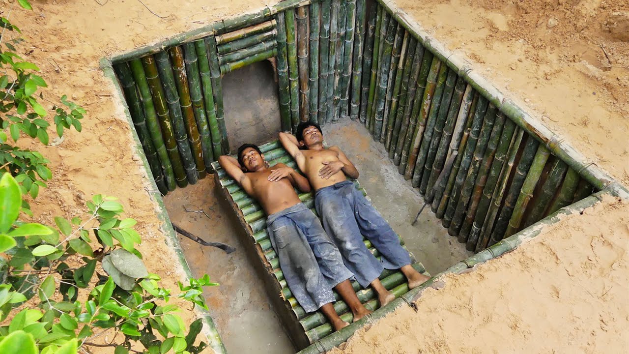 Build the Most  beautiful Bamboo Underground Tunnel House and mini pool.