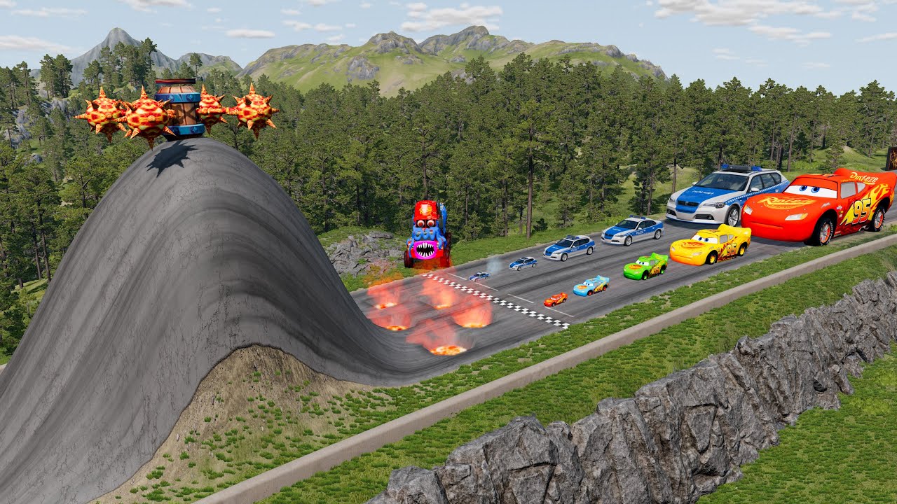 Big & Small McQueen & Police Car vs Zombie Mack, Giant Bulge & Lava Pit Downhill Race |BeamNG.drive