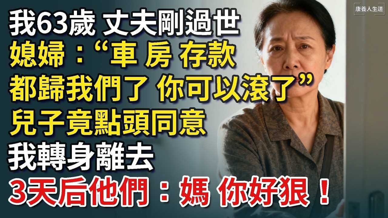 我63歲，丈夫剛過世，媳婦：“車，房子，存款都歸我們了，你可以滾了”，兒子竟點頭同意，我轉身離去，3天后他們便一無所有：媽，你好狠！【康養人生道】 #康養人生道 #上了年紀該明白的事 #養老