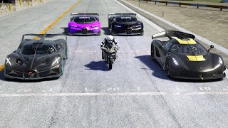 Kawasaki Ninja H2R Supercharged vs Bugatti Bolide vs Koenigsegg Jesko vs Bugatti Vision GT