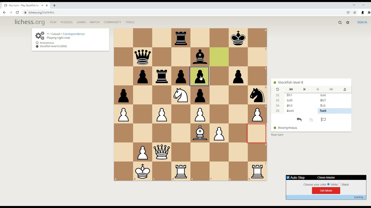 Chess Master playing with lichess Stockfish level 8 (score 3000