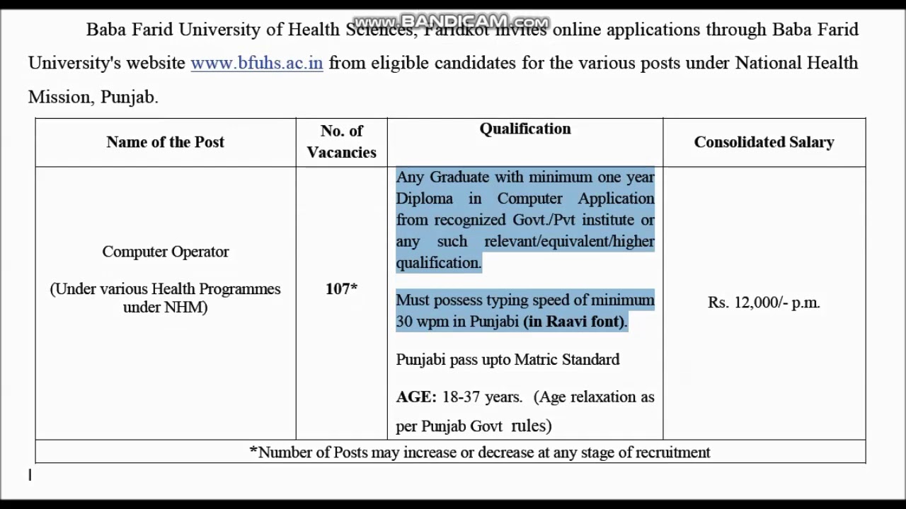 VACANCIES COMPUTER OPERATORS...National Health Mission, Punjab.  VACANCIES