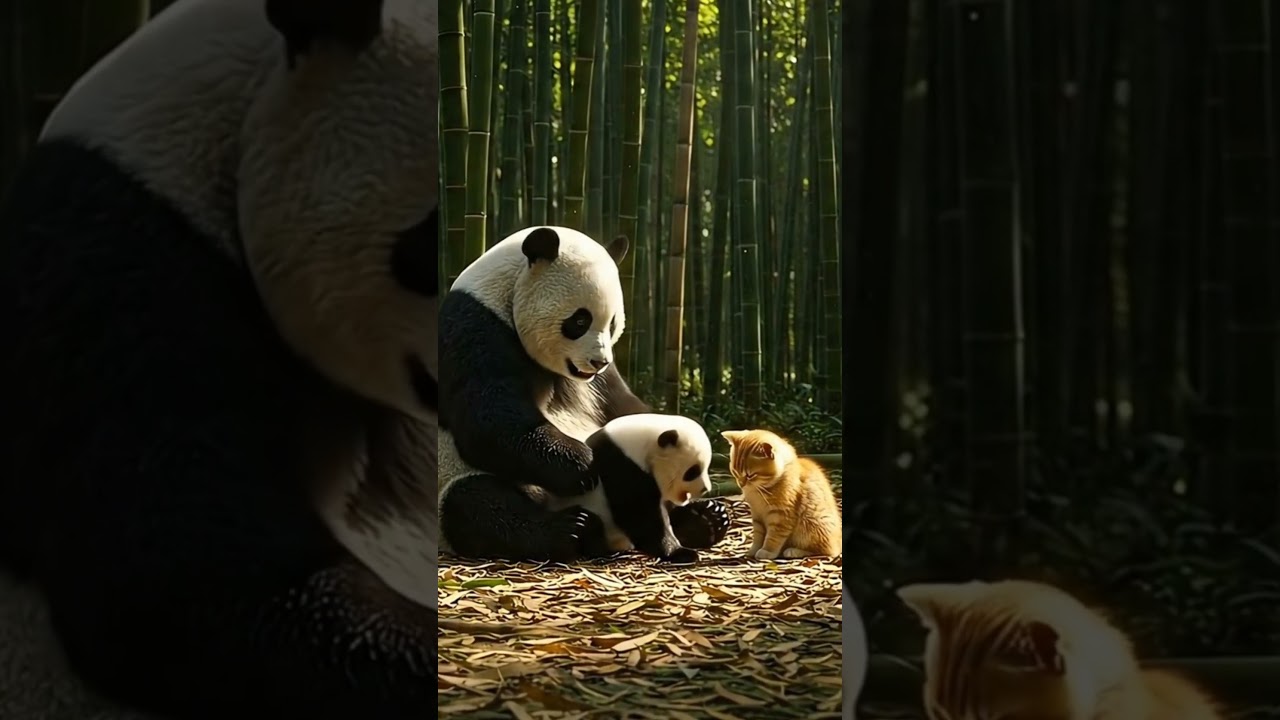 Kitten Meets Panda Family in Bamboo Forest