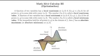 MAT 2214 Section 4.7: Optimization (Part 1, Critical Points, Local Extrema, and Saddle Points)