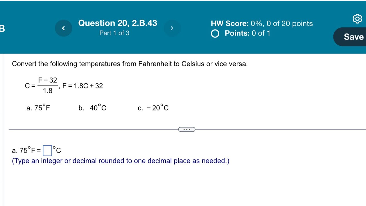SOLVED: Convert the following temperatures from Fahrenheit to Celsius or  vice versa: F = 1.8C + 32 a. 45Â°F b. 40Â°C c. -20Â°C a. 45Â°F = C (Type an  integer or decimal