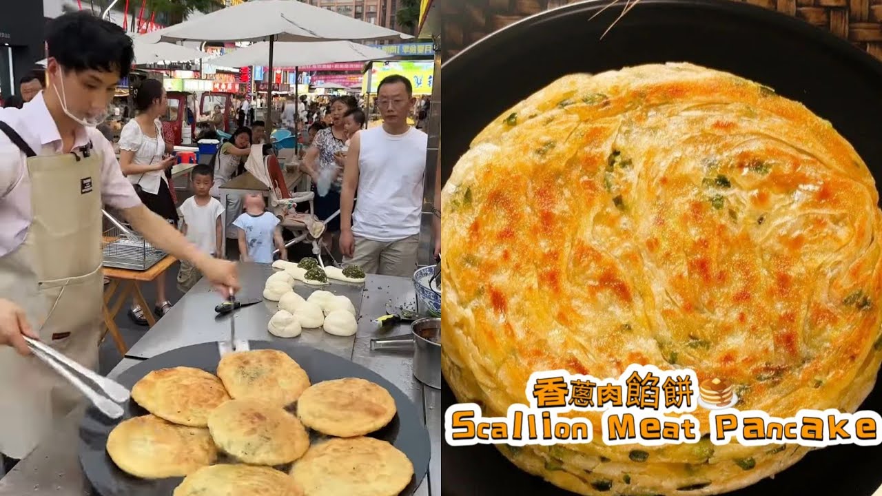 90後小哥擺攤創業賣蔥香肉餅，超級好吃😋每天排隊好多人0729-2 #街頭美食 #擺攤 #創業 #美食 #蔥油餅 #小吃 #街頭小吃 #煎餅