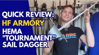 Quick Review: HF Armory HEMA “TOURNAMENT” SAIL DAGGER
A quick review of the HEMA “Tournament” Sail Dagger by HF Armory (https://hf-armory.com/en/shop/weapon/other-weapon/hema-tournament-sail-dagger/).
The dagger was acquired directly from HF Armory, and they were not aware that there was going to be a review.
If there is anything that you are interested in concerning this dagger that the review did not touch, feel free to leave us a comment and we will try to get back to you on that.
Long form review here: https://youtu.be/XwHnOHU5igI
Stats:
Overall length: 62cm
Length of the grip: 12cm
Width of the grip: 29-26-20mm
Thickness of the grip: 21-20-20mm
Width of the cross: 28cm
Protrusion of loop: 4cm
Width of the loop: 6cm
Width of the sail: 16-2,2cm
Thickness of the sail: 2-1mm
Length of the blade: 44,8cm
Taper: 20-14-8-8mmcm
Distal taper: 4-3-2-5mm
Weight: 630g
Point of Balance: -1,8cm
+ + +
https://www.freifechter.org
https://www.facebook.com/freifechter.koeln
+ + + Quick Review: HF Armory HEMA “TOURNAMENT” SAIL DAGGER