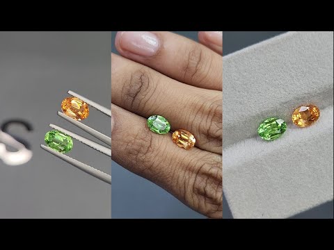 Contrasting pair of spessartine garnet and tsavorite oval cut 2.10 carats, Africa, Tanzania Video  № 1