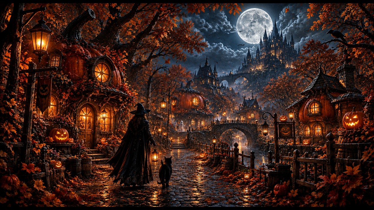 Relaxing Halloween Ambience 🎃 Spooky Village & Cozy Autumn Night 👻 Haunted Sounds & Halloween Music