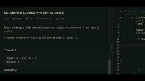 Shortest subarray with sum at least K | Leetcode 862 | C++ Solution