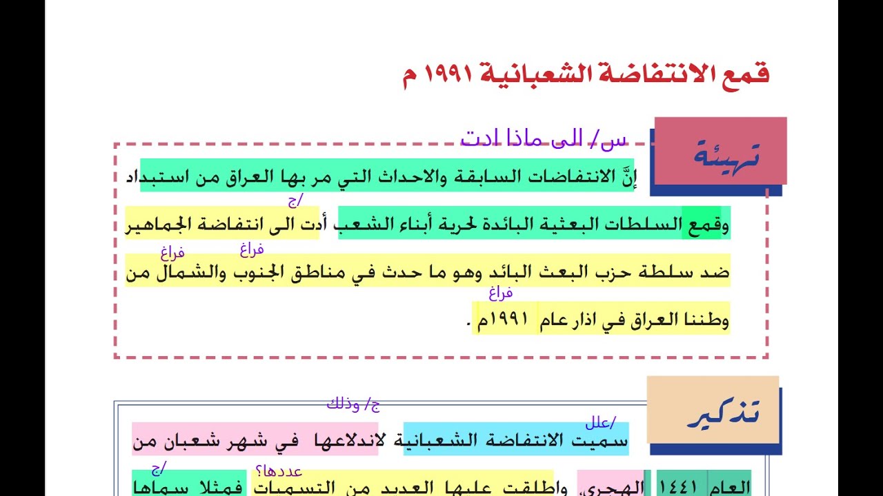 شرح الانتفاضة الشعبانية عام 1991م / للصف الرابع الاعدادي/ مادة جرائم حزب البعث البائد / عام 2026 🕊️📚