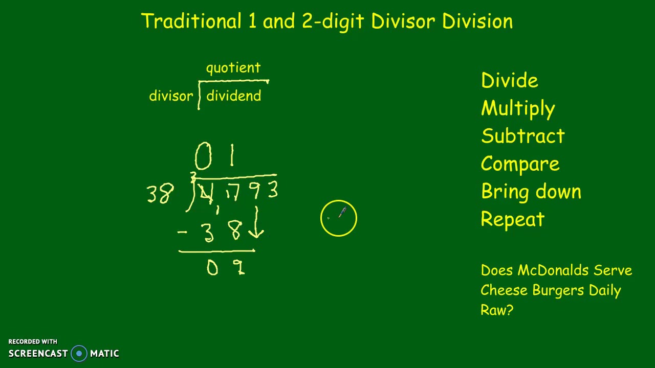 Traditional 1 or 2 digit Divisor Division - YouTube