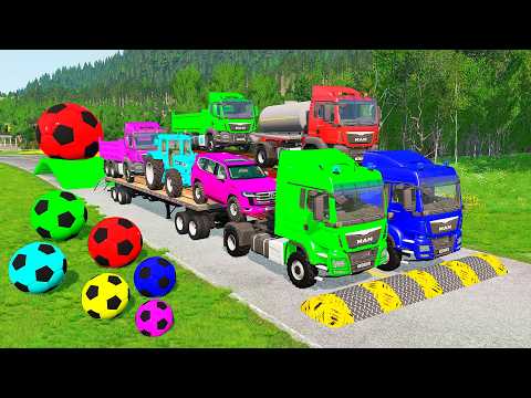 Flatbed Trailer McQueen Transportation with Truck - Speedbumps vs Cars vs Train - BeamNG.Drive #52
