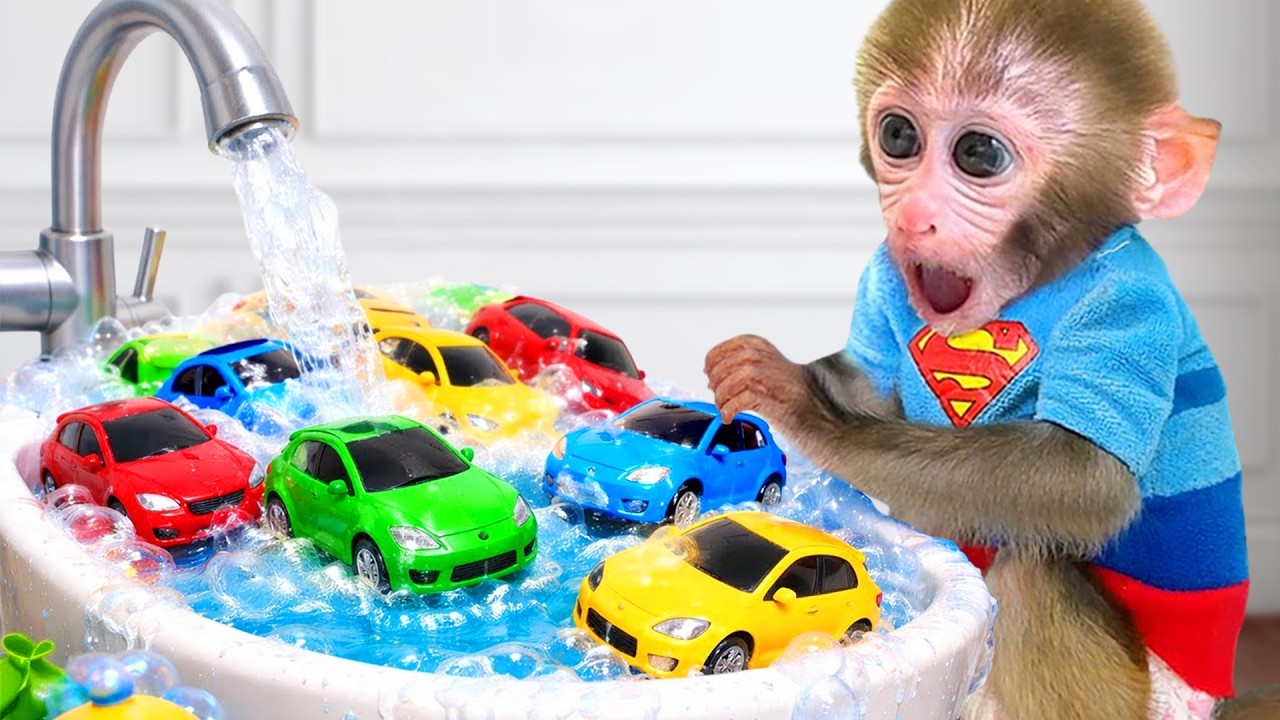 Monyet Bon Bon mandi di dalam tab mandi yang penuh dengan Monster trucks dan menuai telur di ladang